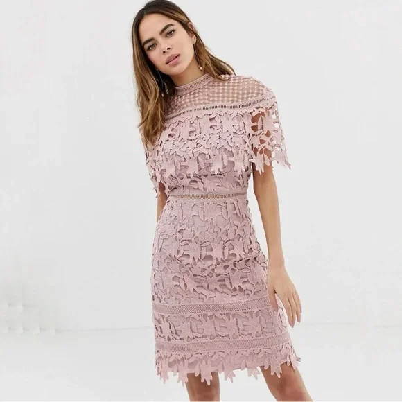 Chi Chi London Rebeka Blush Pink High Neck Shawl Lace Midi Dress Size 8 - Picture 10 of 16